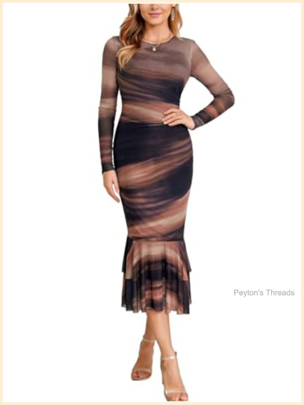 Women's Long Sleeve Ruched Bodycon Midi Dress Ruffle Hem Party Cocktail